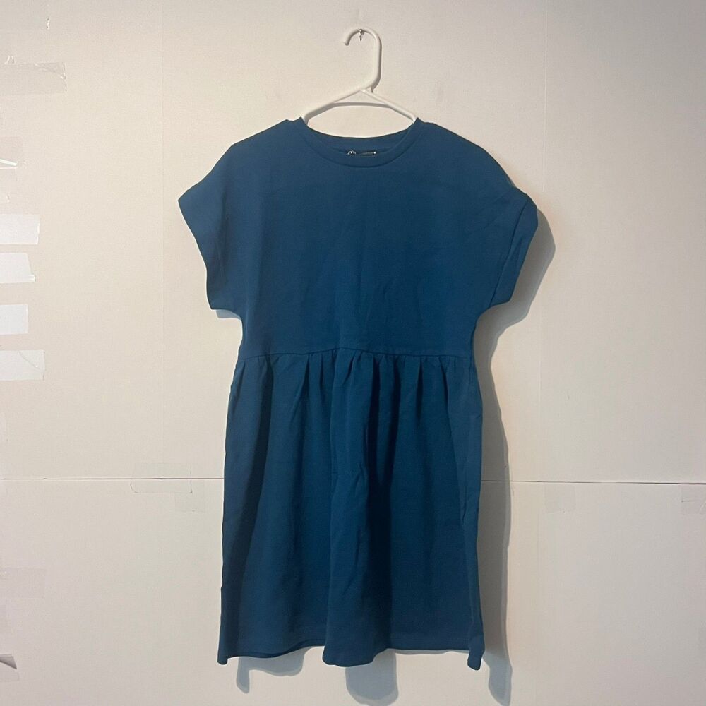 Zara Womens Short Sleeve Dress Size M Dark Green Fit & Flare Pleated